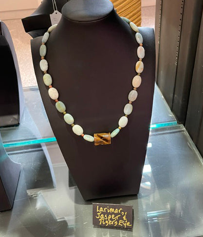 Larimar, Jasper & Tiger’s Eye Necklace by Bill Stonebreaker