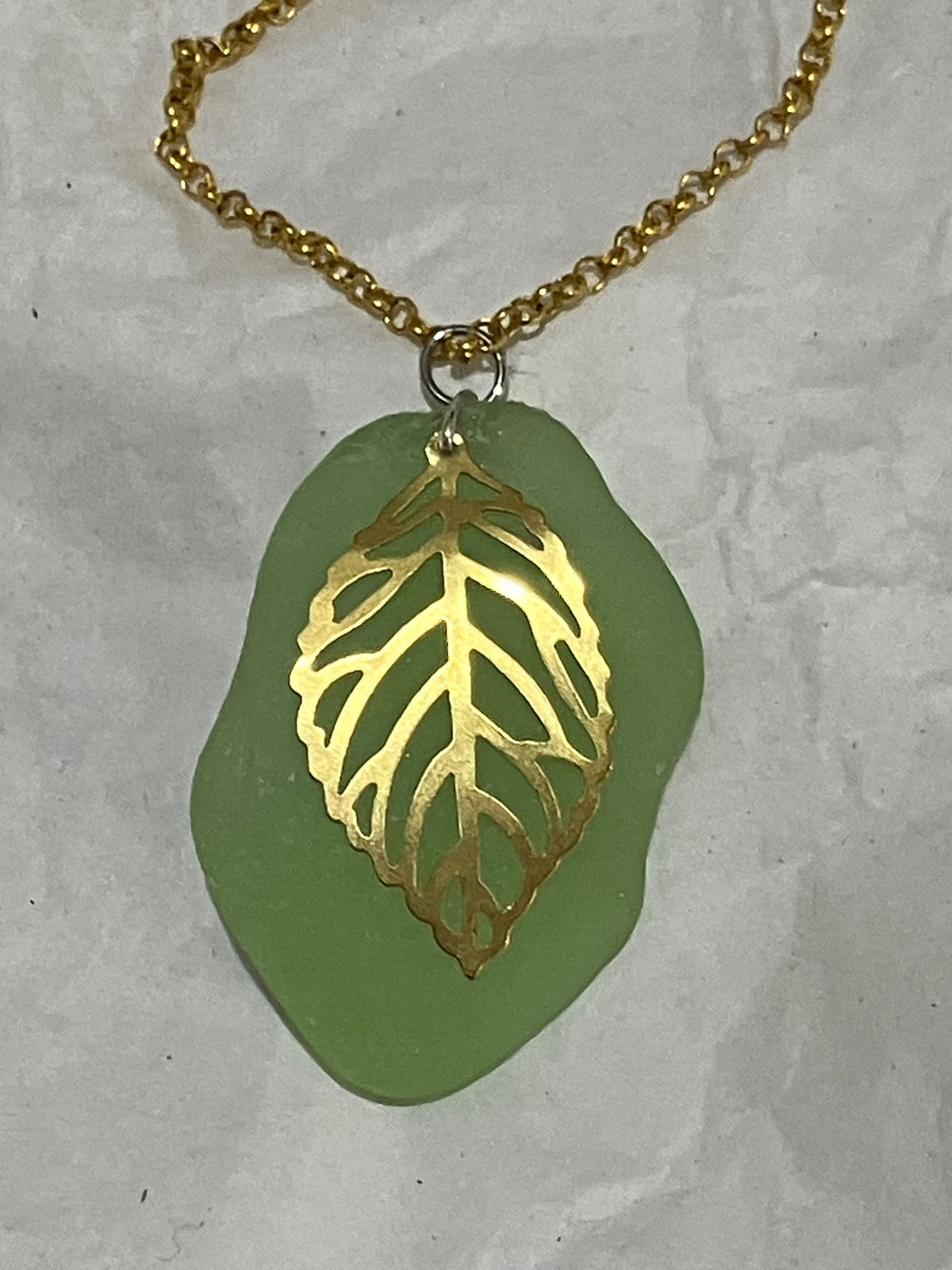 Necklace-green seaglass gold leaf by Tonya Arnold