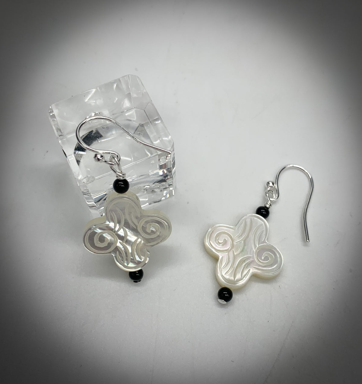 Carved MOP Cross w/Black Onyx Earrings by Nance Trueworthy