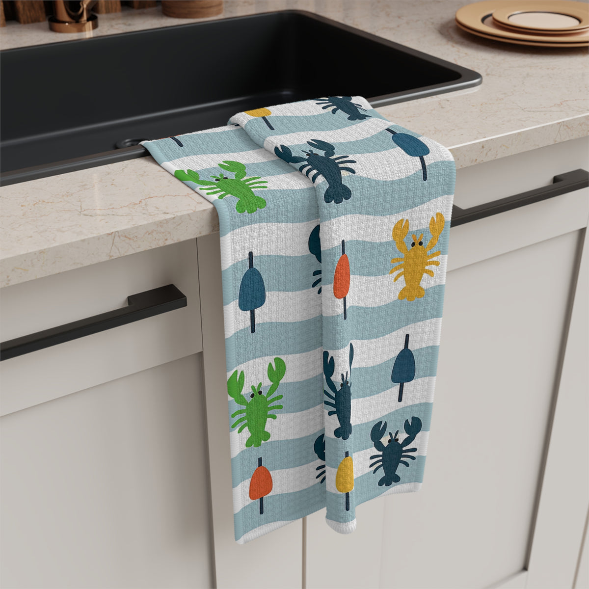 Colorful Lobster & Buoy Wave Microfiber Tea Towel by Maine Pottery Co.