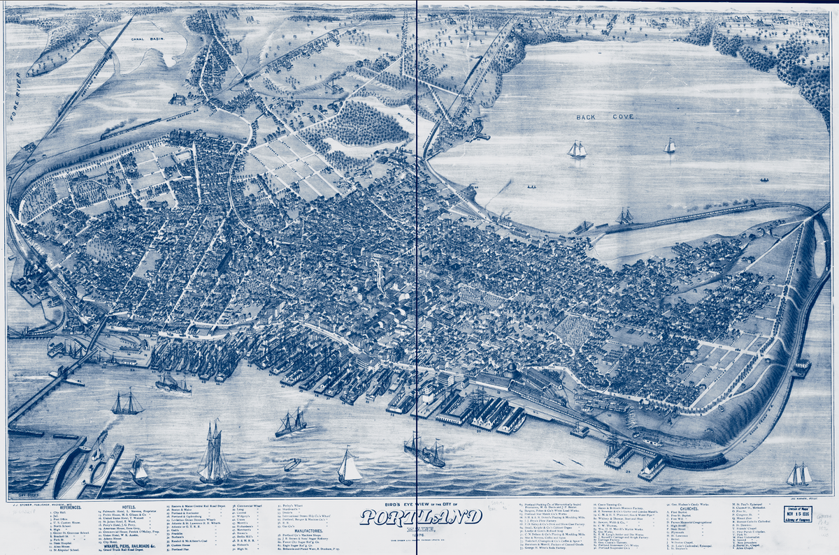 BirdsEyeView of Portland - 1876 - Cyanotype Unframed by Kyle Allison