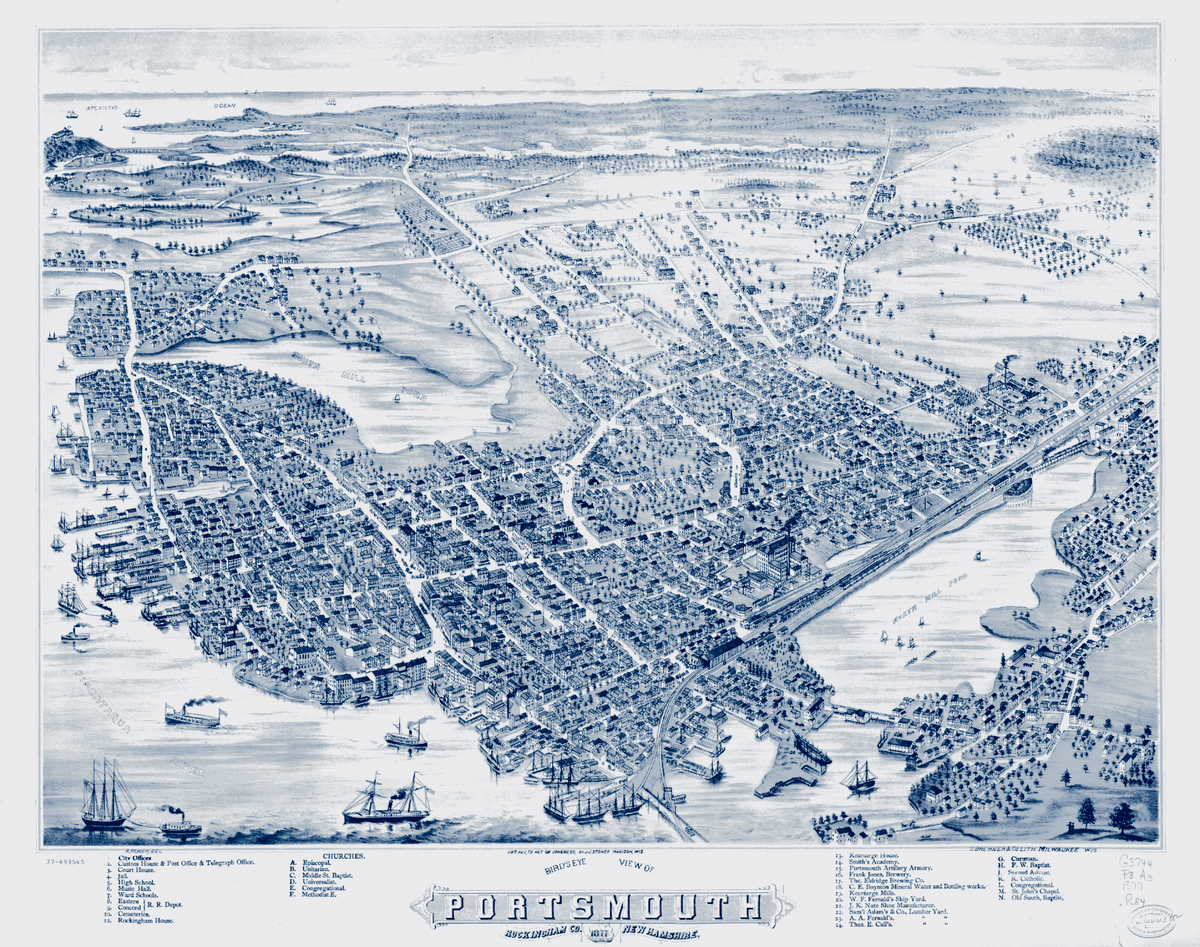 BirdsEyeView of Portsmouth 1877 - Cyanotype - Unframed by Kyle Allison