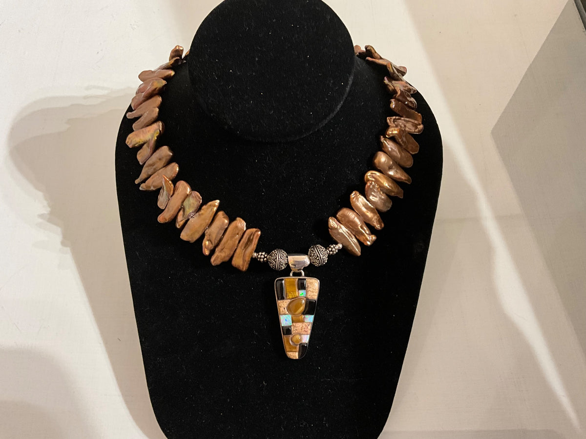 Brown Biwa Pearl Pendant Necklace AC by Janet Brennan