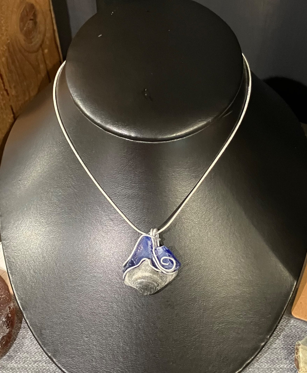 Sailing blue sea glass shell w/wire by Tonya Arnold