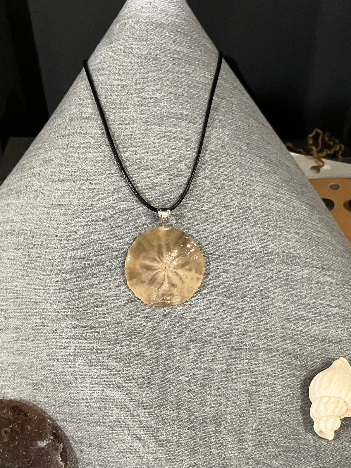 Sand dollar necklace on black cord by Tonya Arnold
