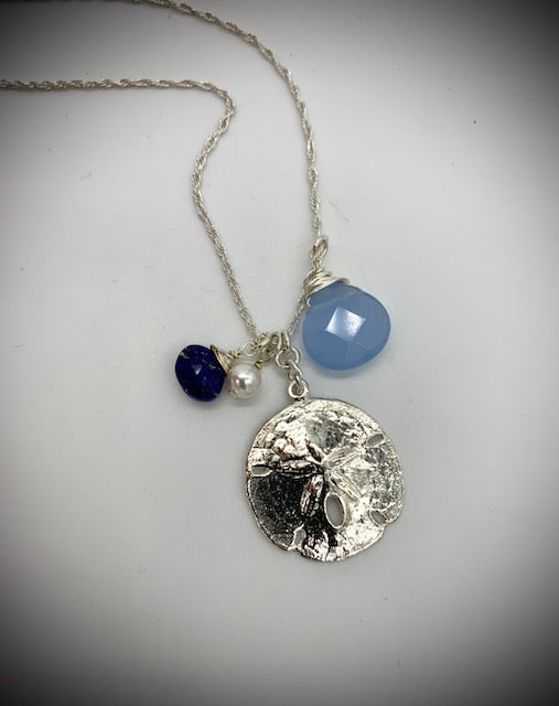 Large Sand Dollar Pendant with Lapis and Blue Quartz Jewelry by Edgecomb Potters