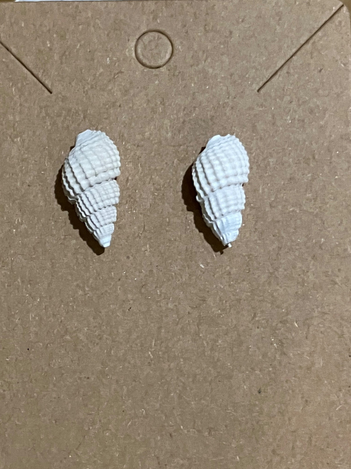 White spiral snail stud earrings by Tonya Arnold