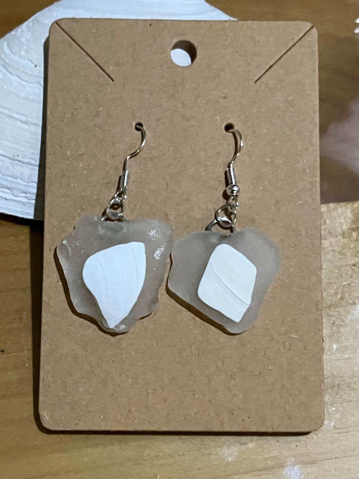 Earrings wh seaglass hearts & shell by Tonya Arnold