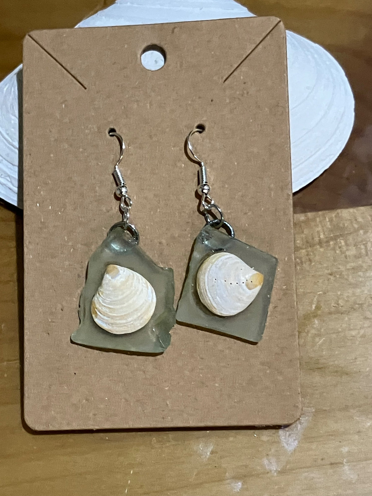 Earrings pale green sq sea glass clam by Tonya Arnold