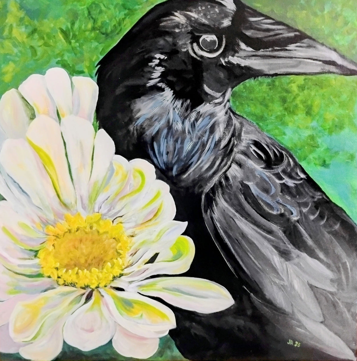 Zinnia and Crow DishtowelAC by Joyce Maura Anderson