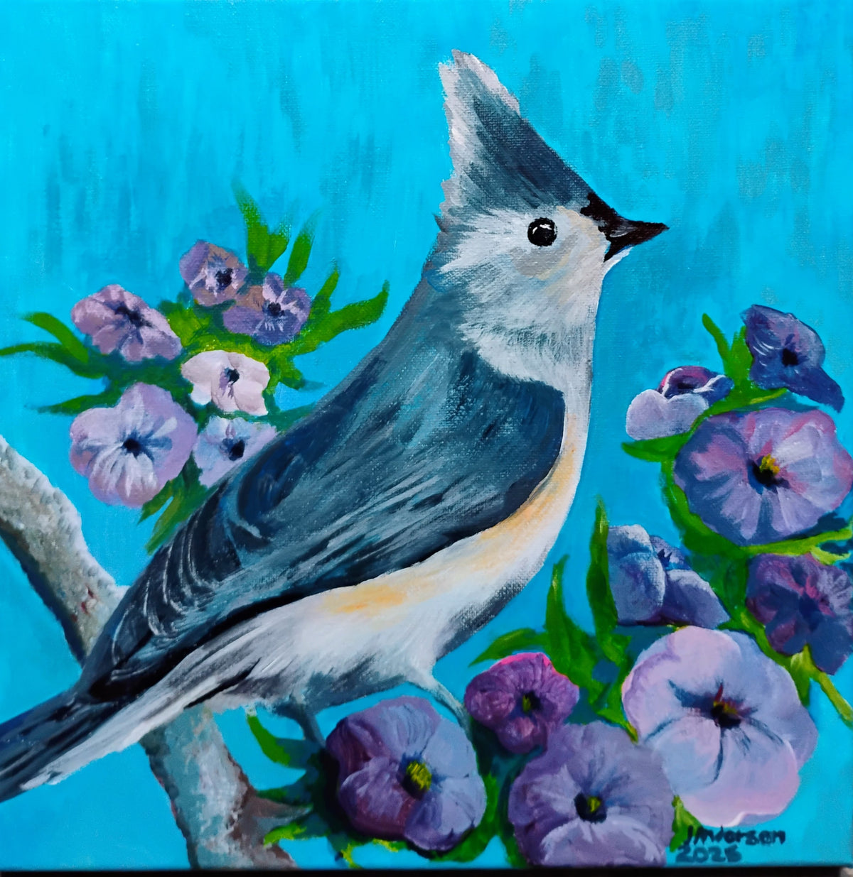 Tufted Titmouse and PansyAC by Joyce Maura Anderson