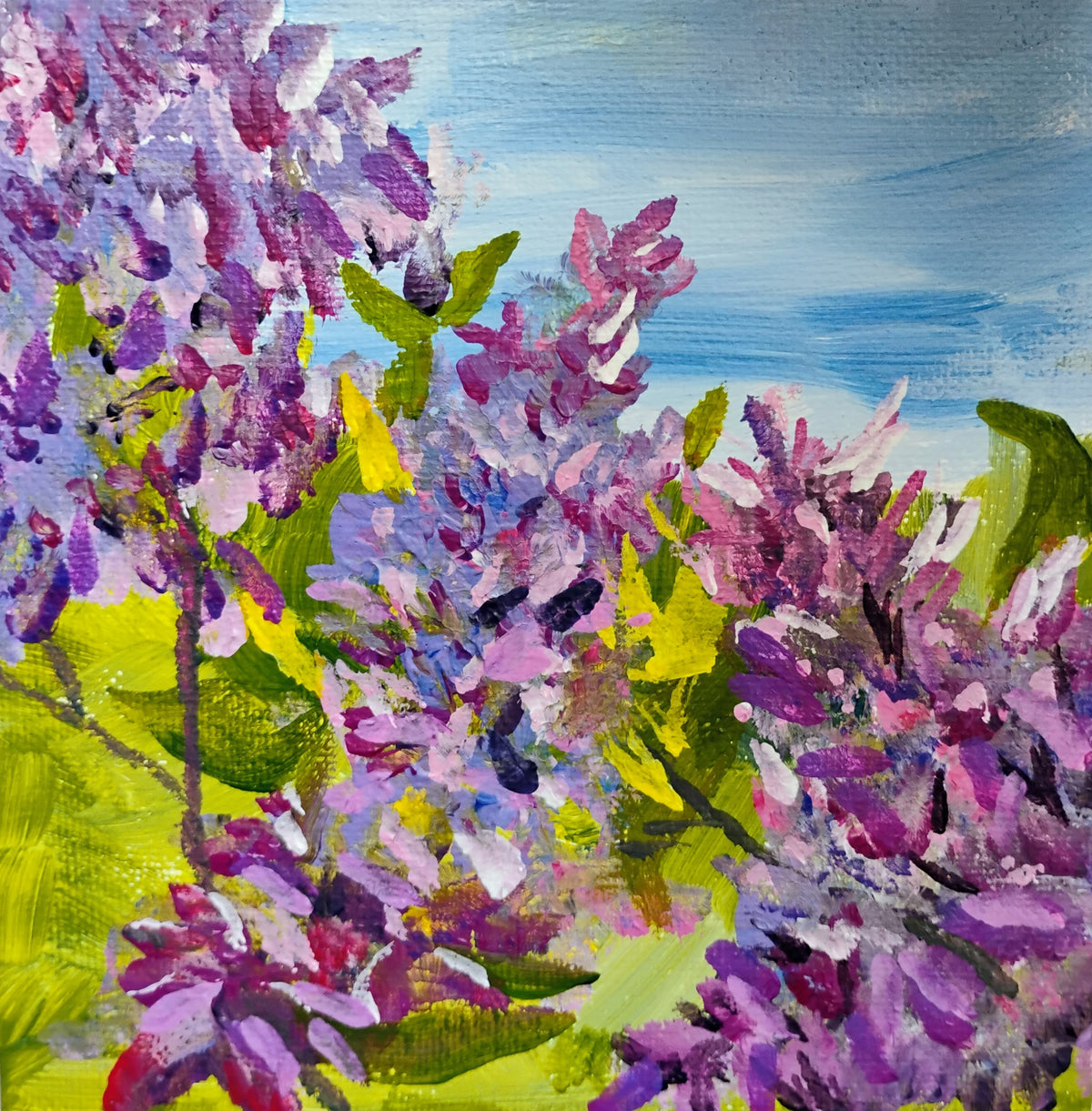 Trio of Lilacs acrylic painting by Joyce Maura Anderson