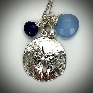Large Sand Dollar Pendant with Lapis and Blue Quartz by Betsy Frost Design