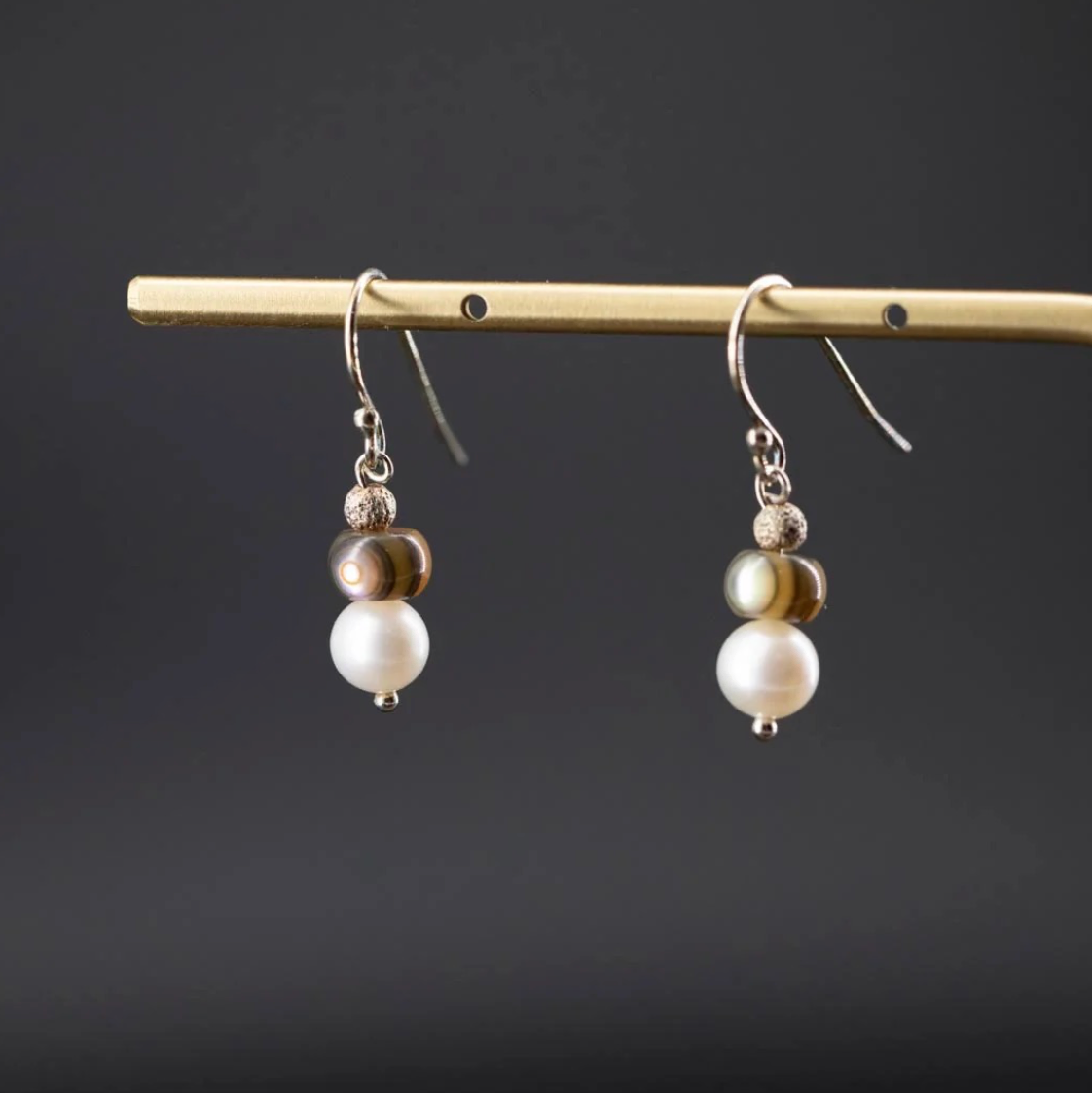 White Pearl and Abalone Bead Earrings by Joe Foster