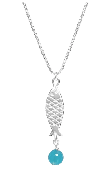 Daily Catch Single Salmon Fish w/Stone Pendant Chalcedony Necklace by Betsy Frost Design
