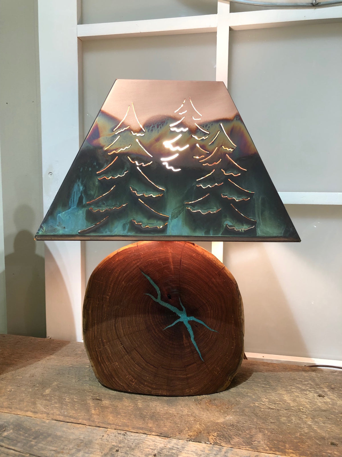 Washed Green Tree Copper Shade/Mesquite Base Lamp Lighting by Edgecomb Potters
